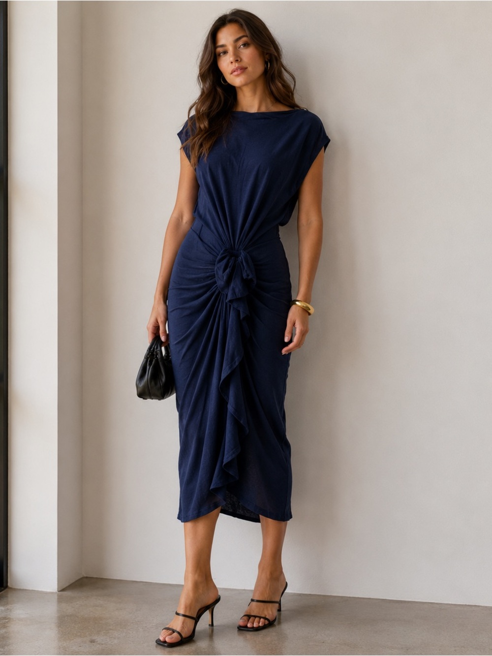 3.1 Phillip Lim Navy Blue Ruched Knot Dress Medium Draped Linen‎ Ble